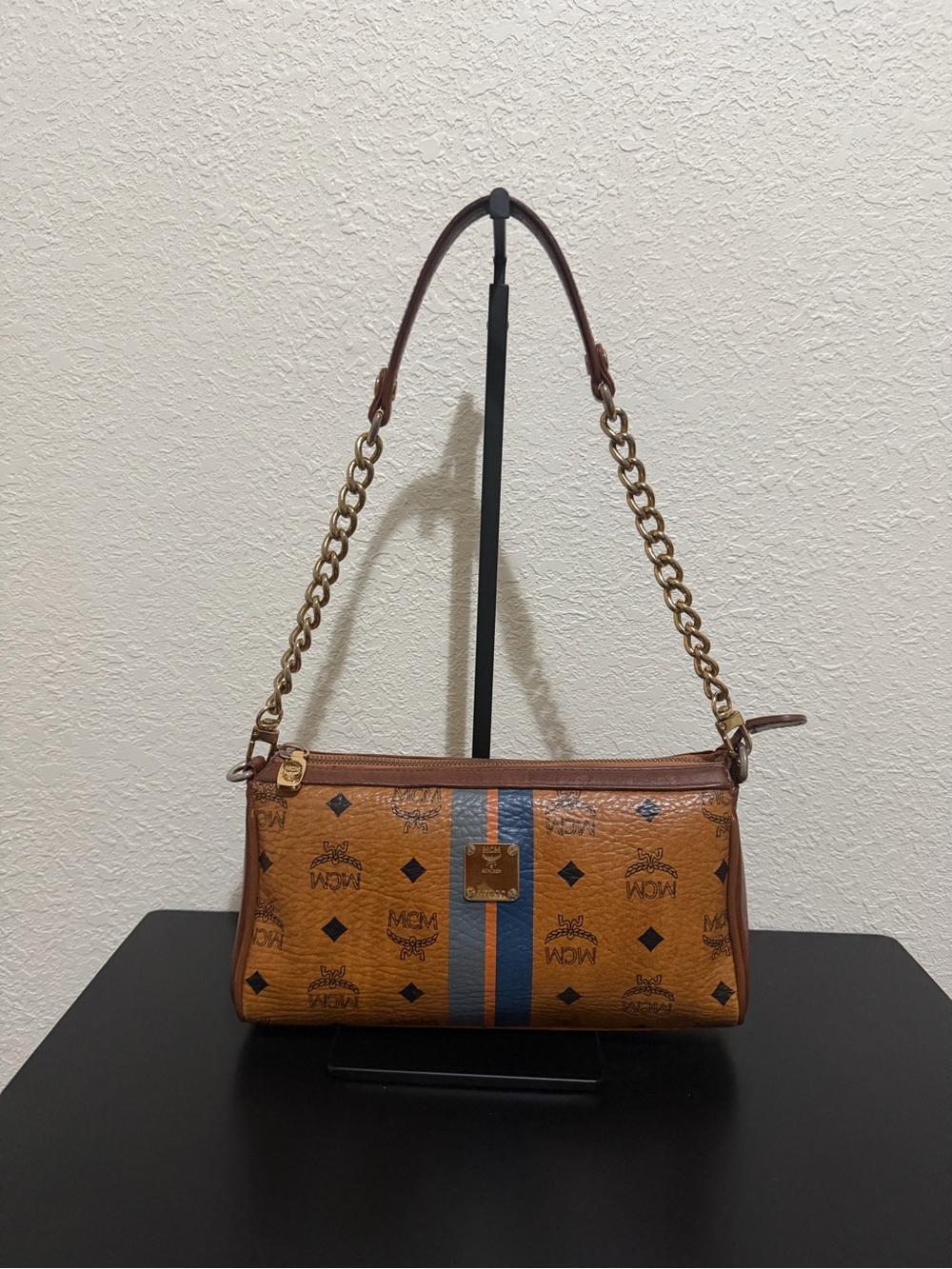 MCM Cognac Leather Shoulder Bag with Blue Stripe and Gold Chain